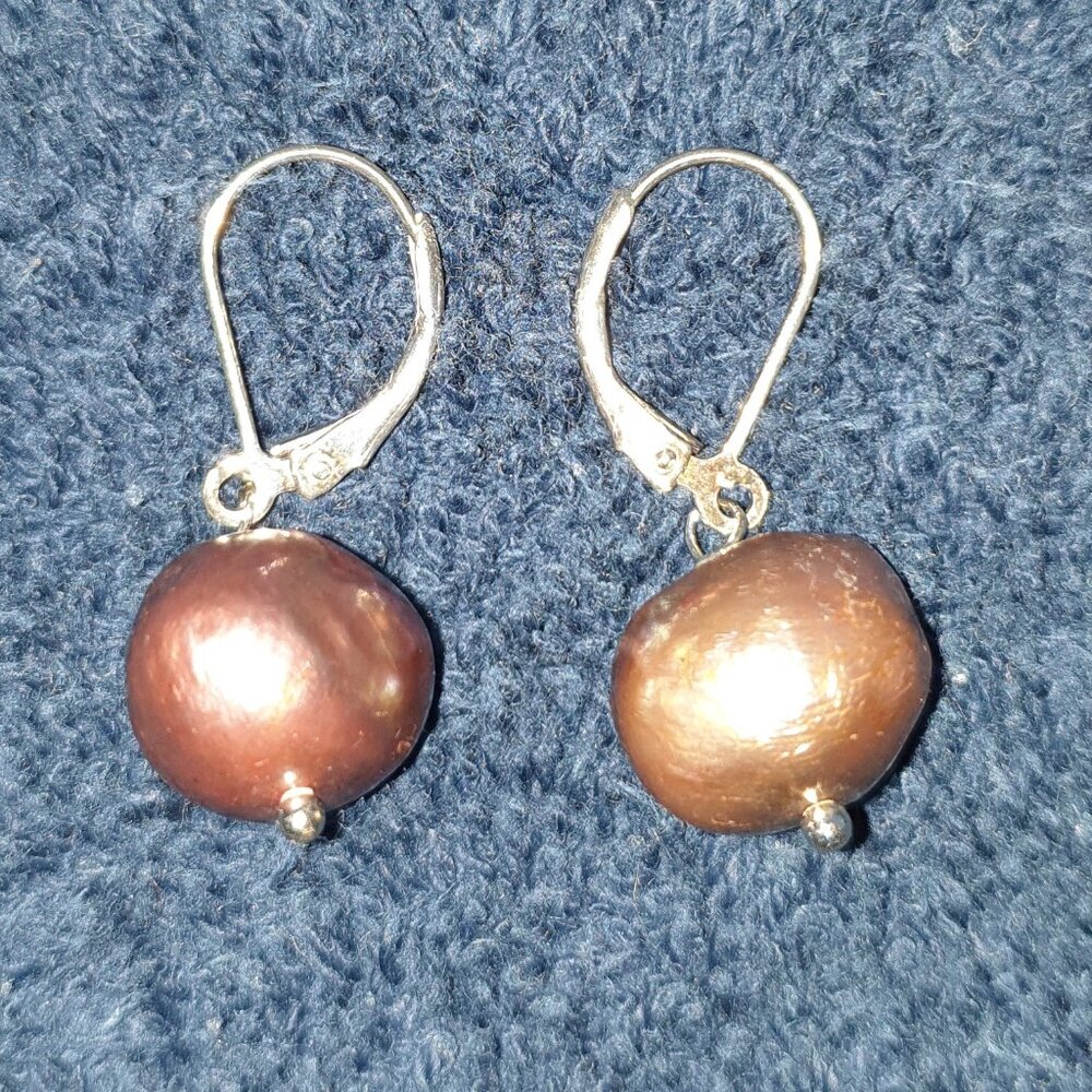 Rare Genuine Bronze Peacock Baroque Pearl 925 Sterling Silver Dangle Earrings